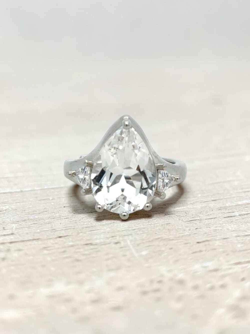 Silver-Tone Pear-Shaped Clear Quartz and CZ Adjustable Ring